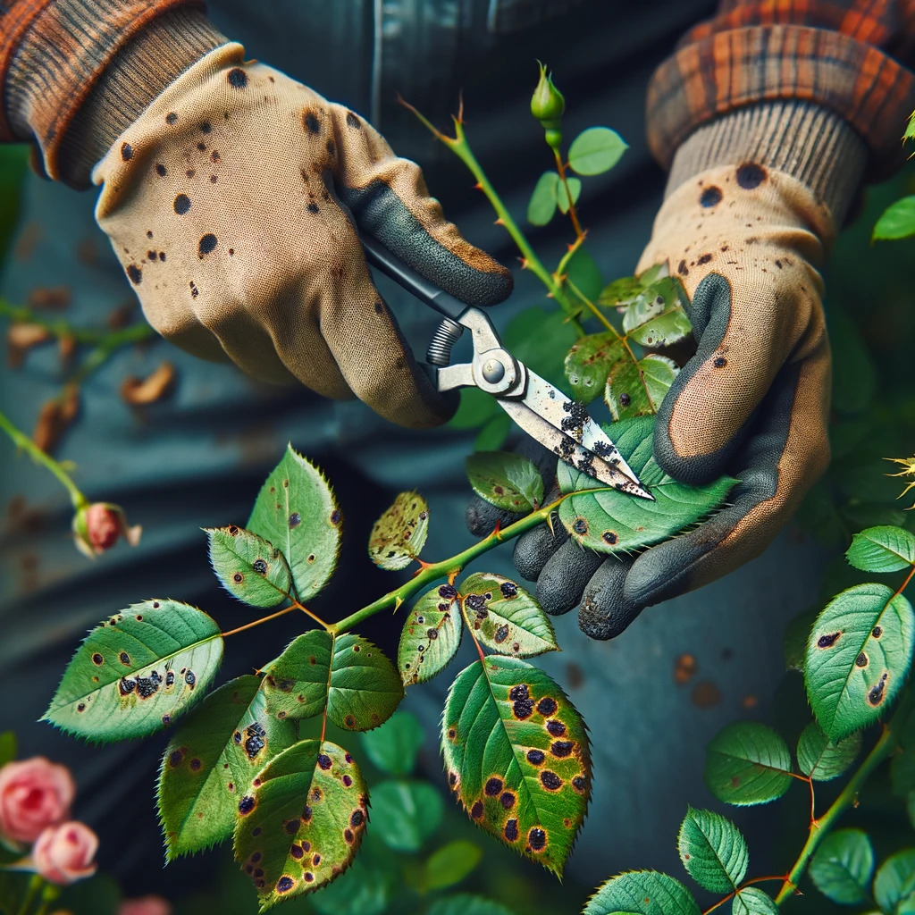 Gardener carefully removing leaves affected by black spot on a rose bush.