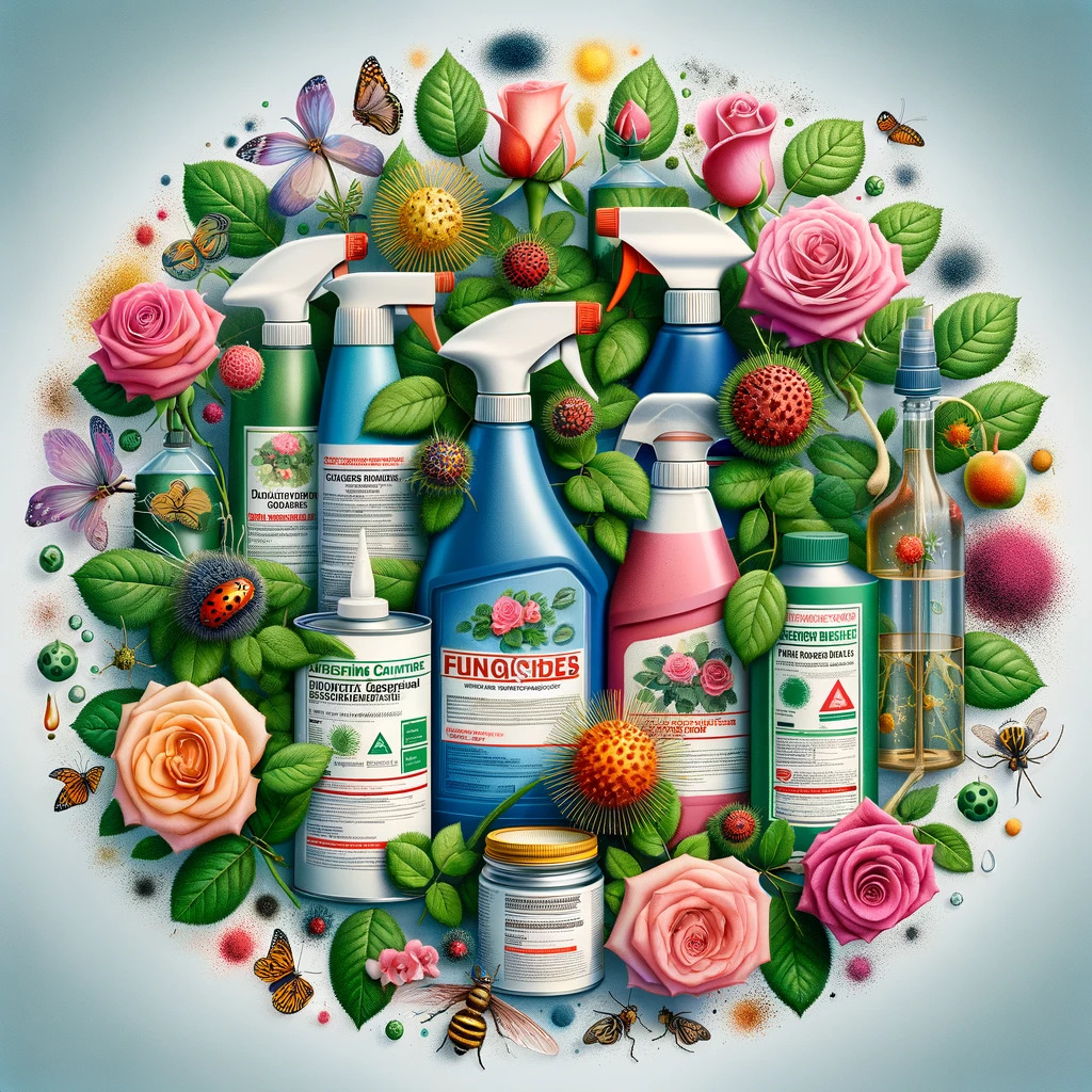 Various fungicides and rose care products used to treat black spot on roses.