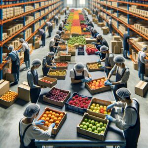 DALL·E 2023 11 29 15.18.19 Workers sorting and packing fruits in a post harvest facility showcasing the process of selection and packaging in post harvest management. The image