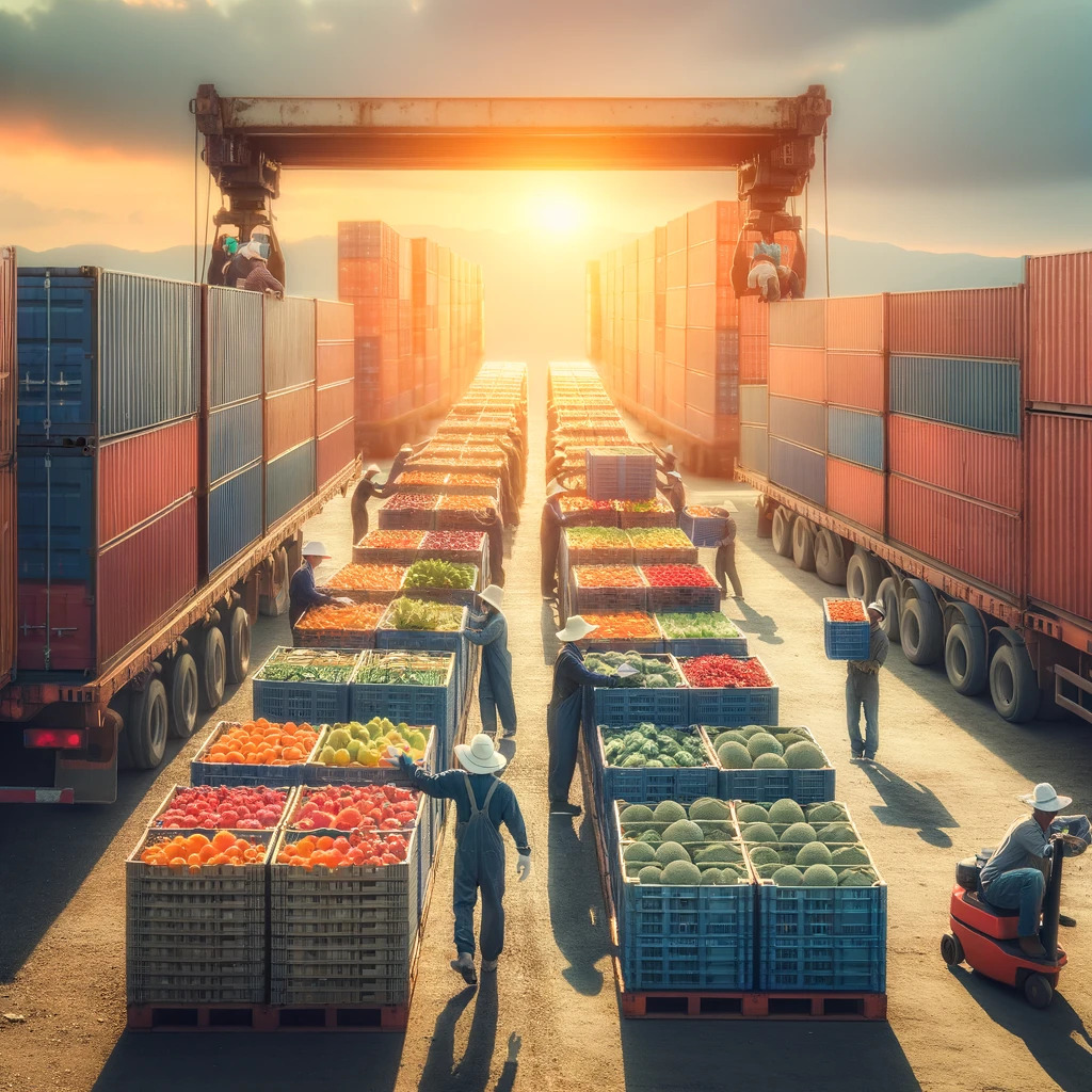 Carregamento de frutas e vegetais em um contêiner de transporte em uma instalação pós-colheita.