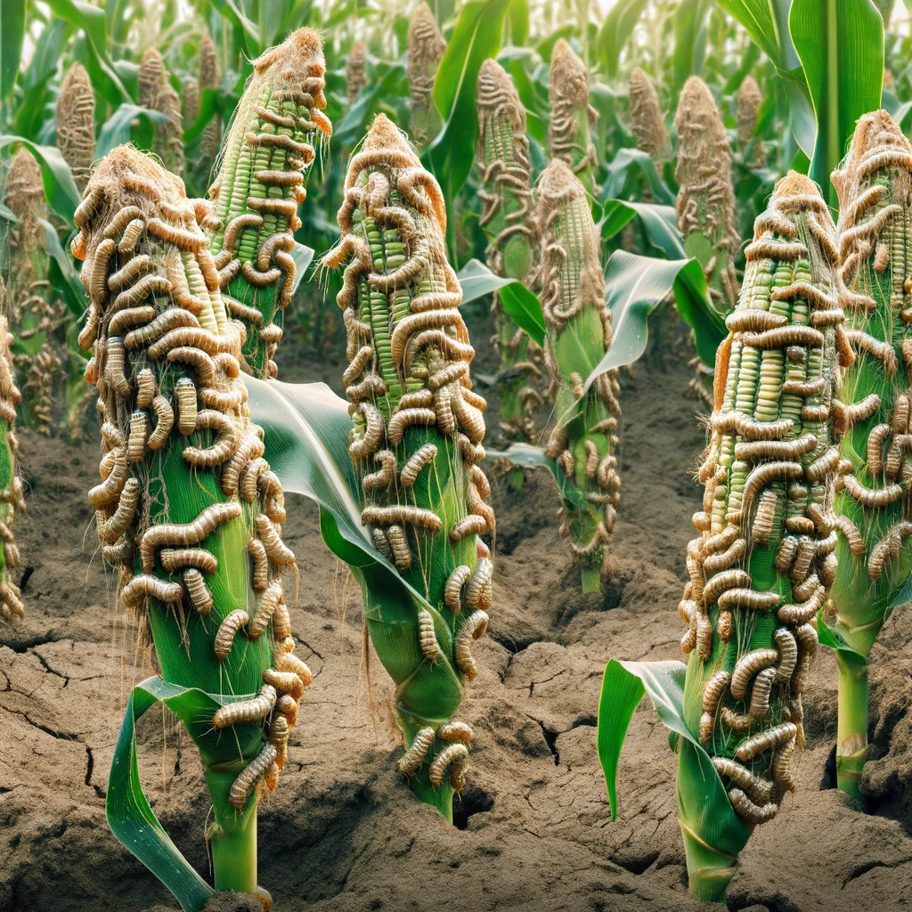 玉米田被秋粘虫严重侵害，显示明显受损的玉米植株。