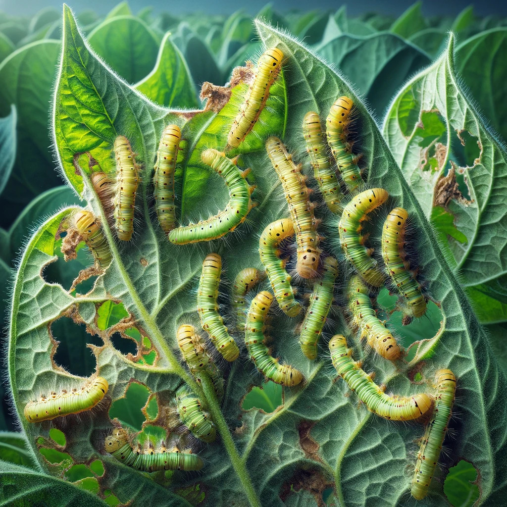 Soybean looper larvae on a leaf.
