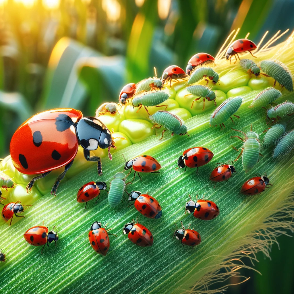 Ladybugs combating pests in organic corn.