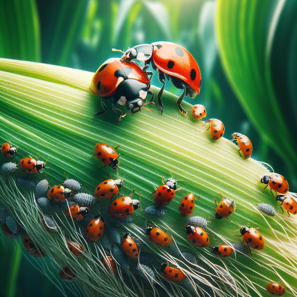 Ladybugs combating pests in organic corn.