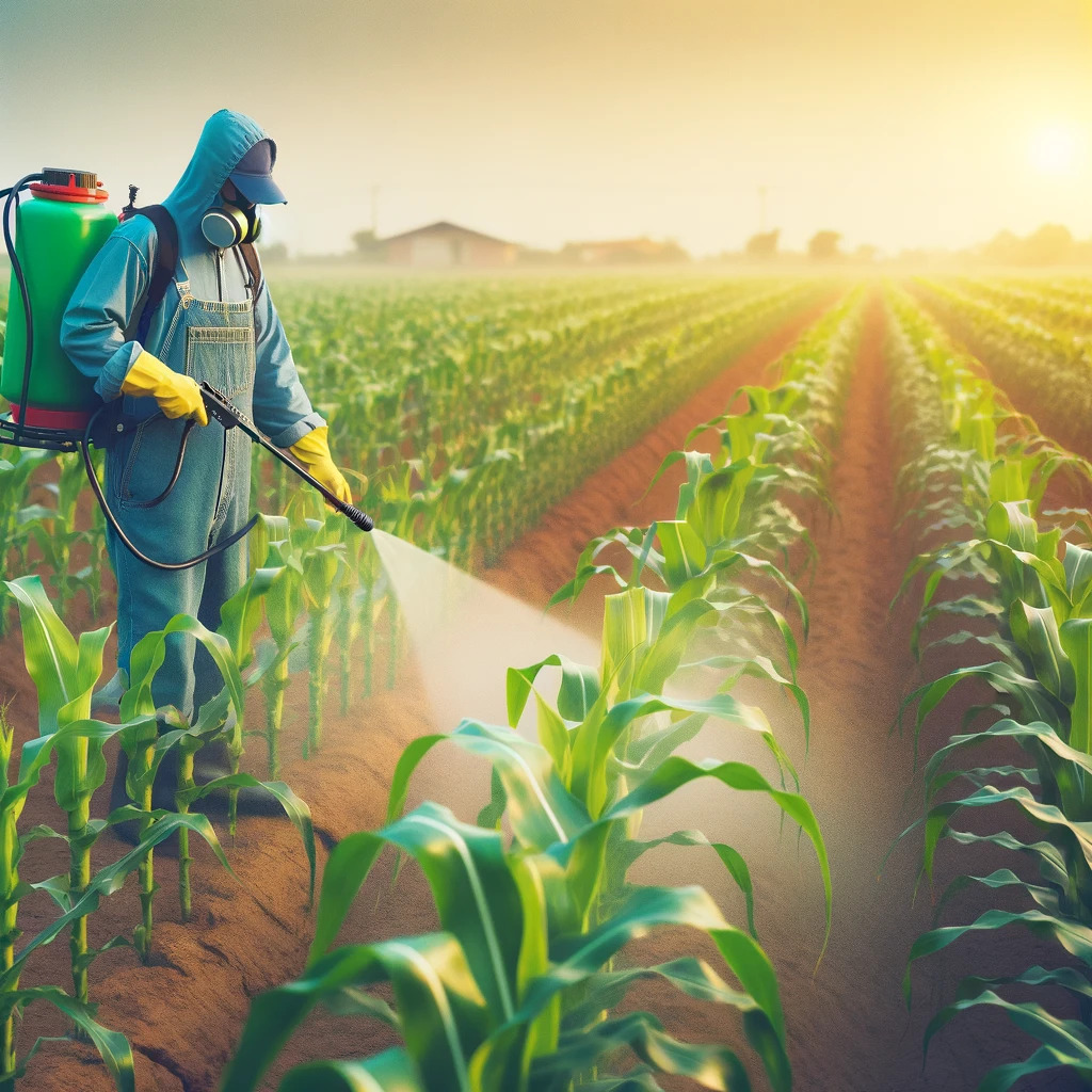 Agricultor aplicando biopesticidas microbianos en maíz orgánico.
