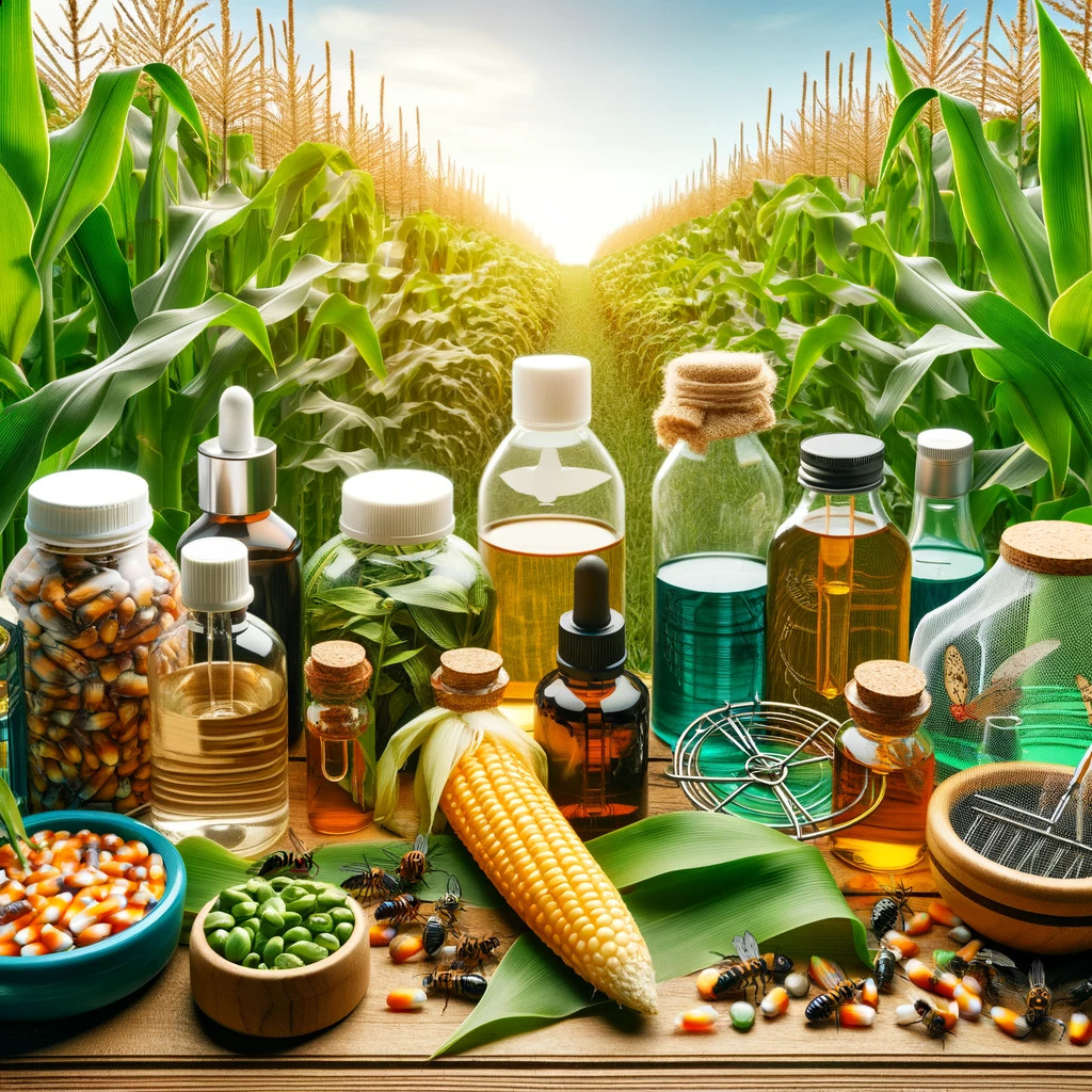 Diversos biopesticidas en uso en un campo de maíz orgánico.
