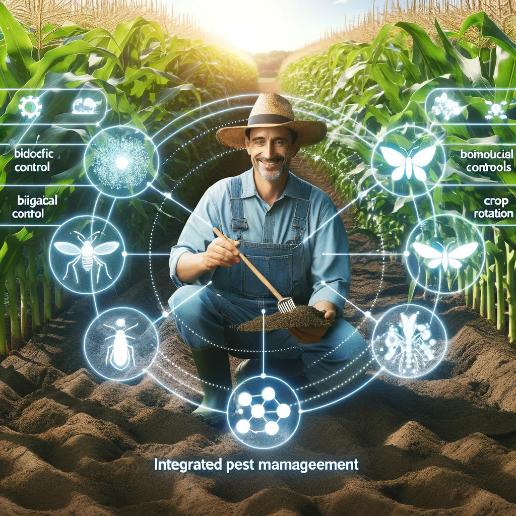 Farmer integrating biopesticides in integrated pest management.
