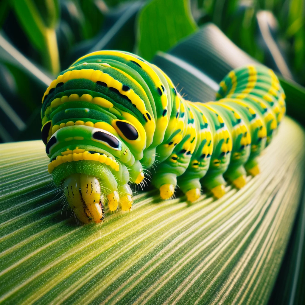 玉米叶蠹幼虫正在玉米叶上进食的特写视图。