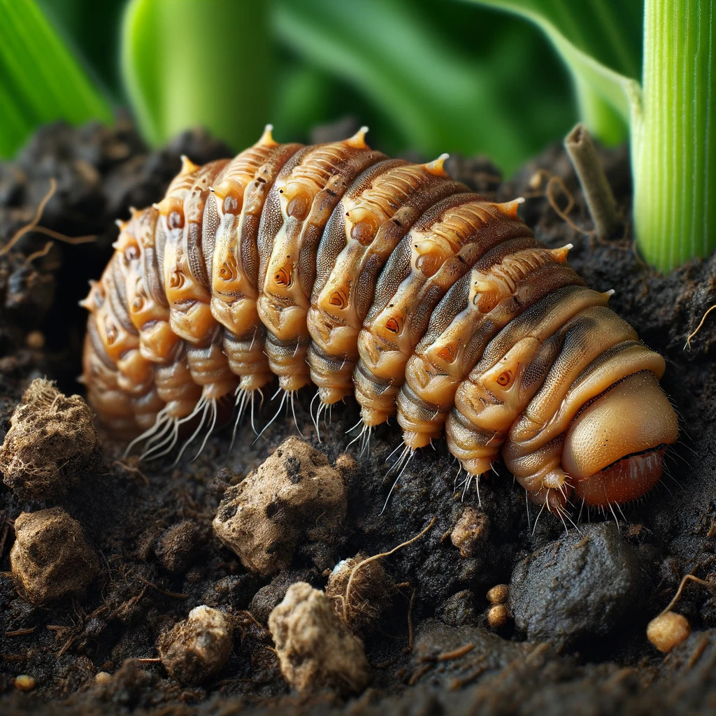Corn earworm pupa in the soil.