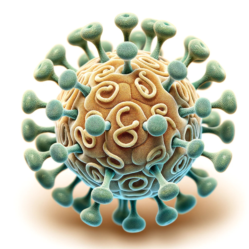 Microscopic view of a plant virus particle depicting its simple structure with a nucleic acid core and protein capsule.