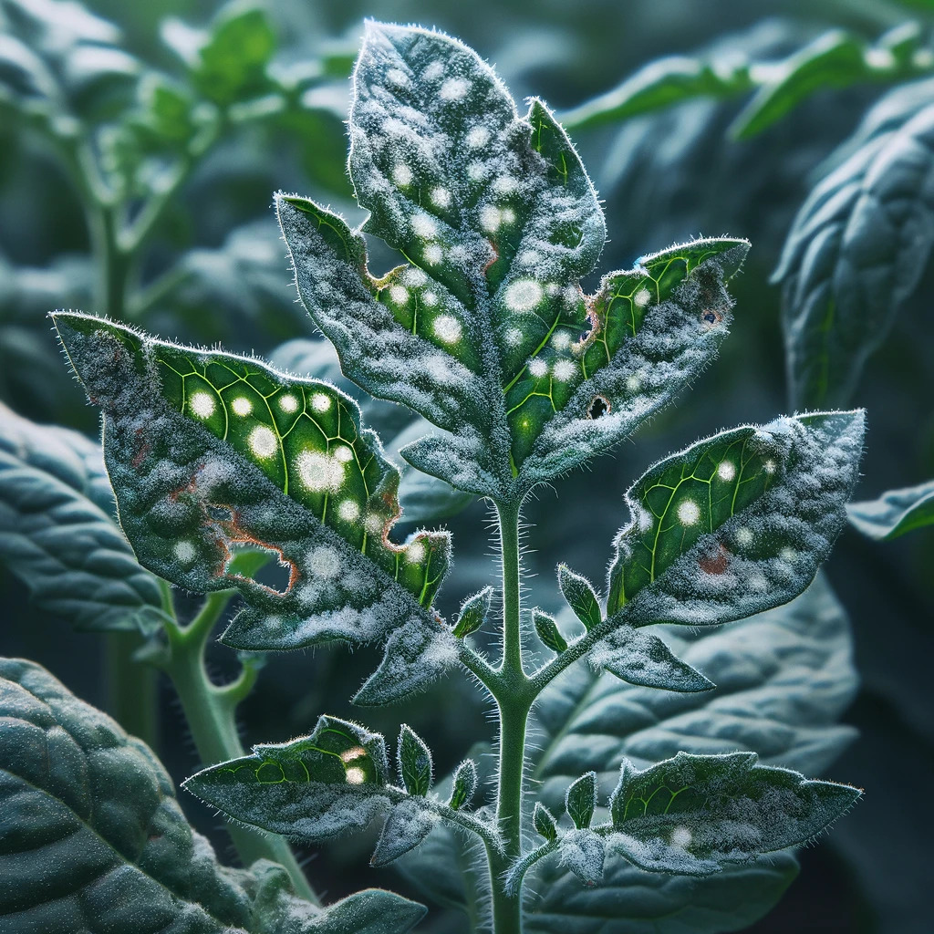 Folhas de tomate danificadas pela mosca branca.