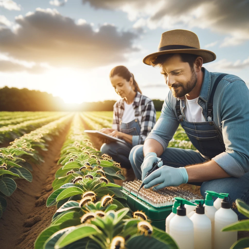 Agricultores aplicando técnicas de controle biológico em cultivos.