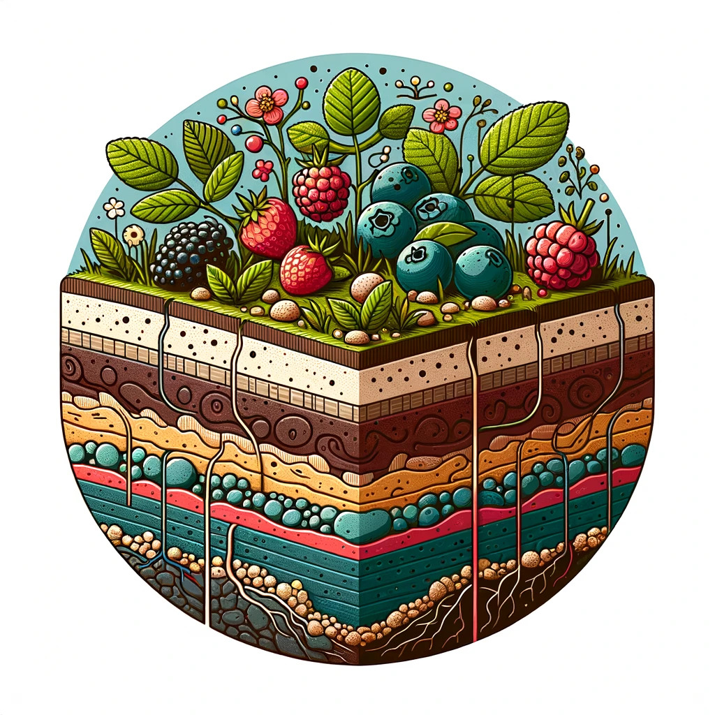 Cross-section of soil layers for berry cultivation.