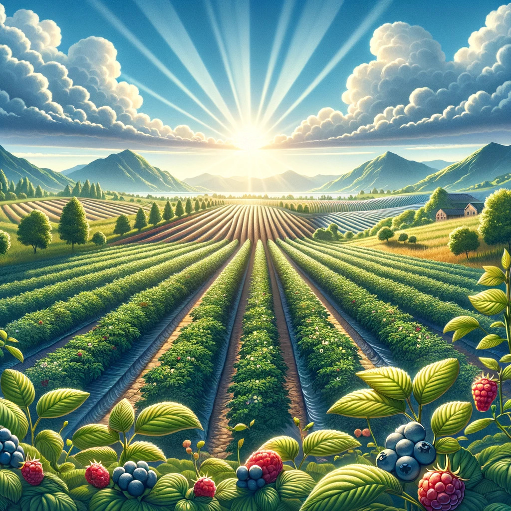 Lush berry farm under a sunny sky.