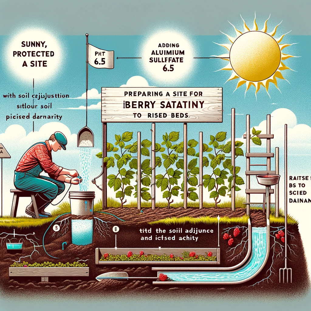 Preparación de un sitio para el cultivo de berries con ajuste del pH del suelo y camas elevadas.