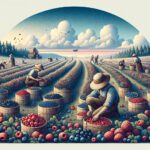 DALL·E 2023 12 08 14.11.52 An image depicting the harvest of berries showing workers carefully picking ripe berries in a field. Alt text Harvesting ripe berries in a field. Ti