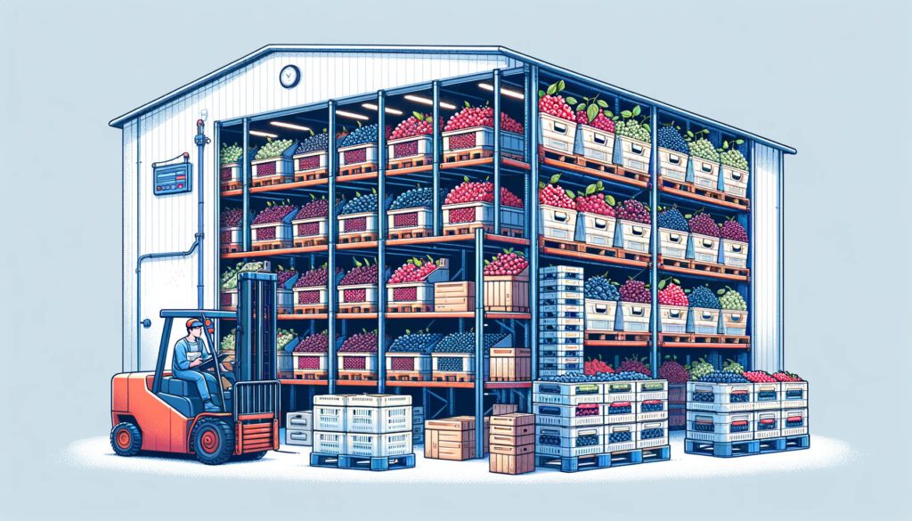 Storage of harvested berries in a warehouse.