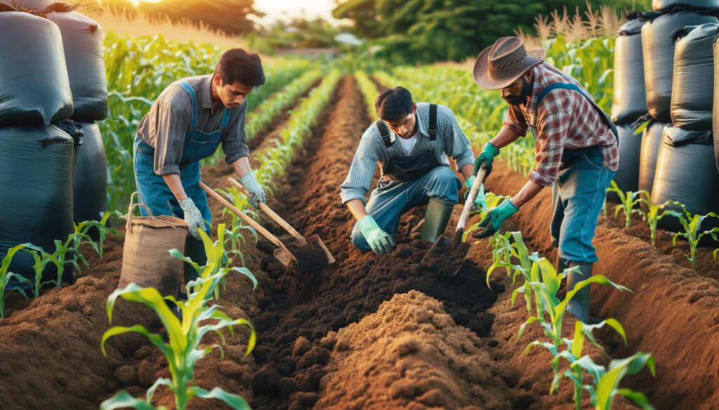 Agricultores aplicando compostagem orgânica em campo de milho.