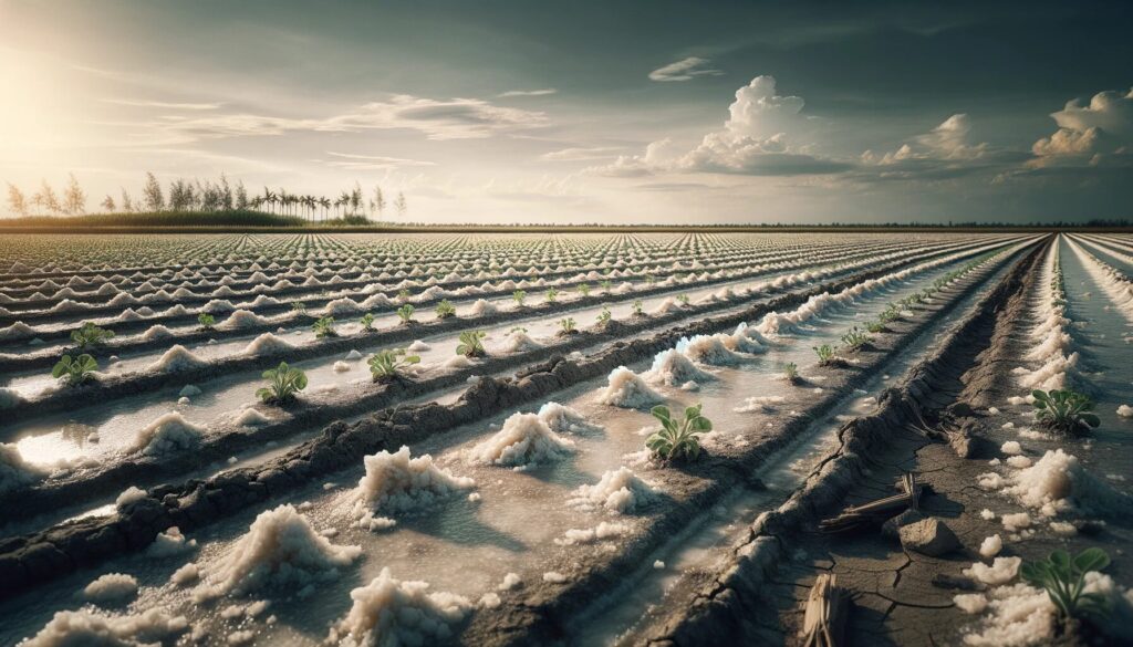 Agricultural landscape affected by sodic saline soils, with lands showing a white layer of salt and sparse, stressed crops under a clear sky, highlighting the challenges of agriculture in saline conditions.