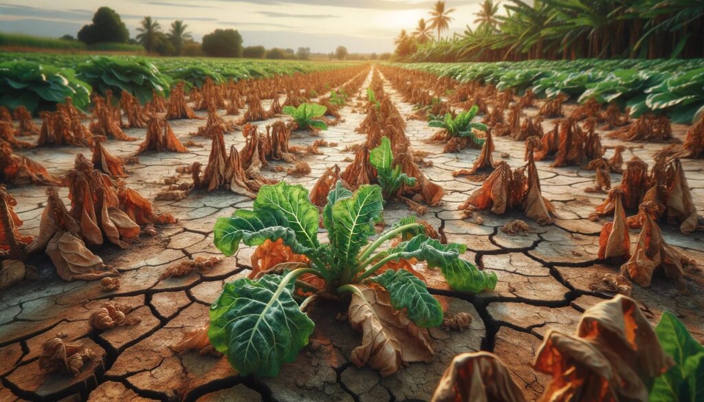 Agricultural field showing the destructive effect of sodium, with dry and withering plants in cracked soil, highlighting the challenges of cultivating in sodic saline soils under a wide sky.