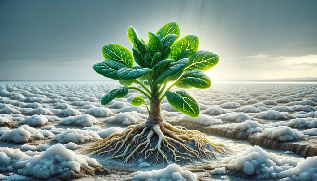 A robust and healthy plant with green leaves, emerging from sodic saline soil with layers of white salt, symbolizing the adaptation and resilience of some plant species in challenging agricultural environments.