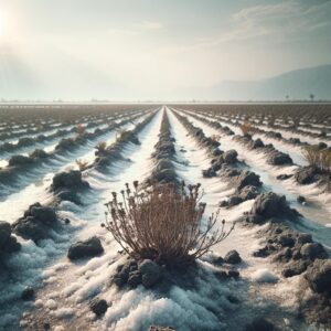 DALL·E 2024 01 05 09.38.05 Agricultural field with sodic saline soils in a 1024x1024 format. The scene depicts a farmland area visibly affected by salinity with white salt cru