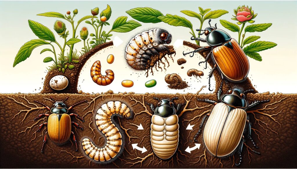 Ilustração detalhada do ciclo de vida da Melolontha melolontha, mostrando as etapas de ovo, larva, pupa e adulto em um ambiente de jardim, do solo à superfície com folhagem.