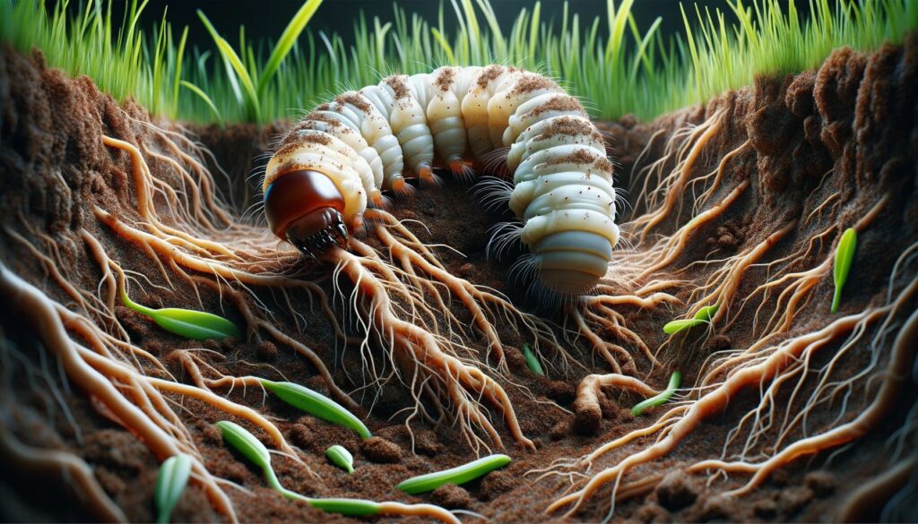 Imagem realista de uma larva da galinha cega, Melolontha melolontha, em ação, se alimentando de raízes de gramado em solo fértil. A larva branca em forma de 'C' com cabeça marrom se destaca contra o solo escuro, mostrando o impacto direto no gramado.