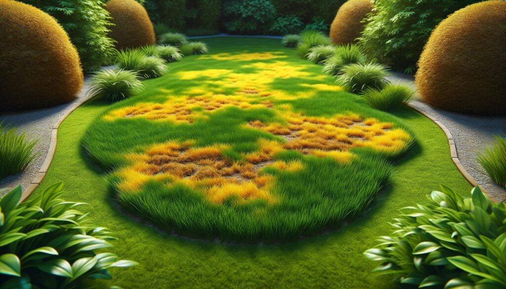 Imagen realista de un jardín con césped mostrando áreas irregulares de color amarillo y marrón, destacando la diferencia entre las zonas sanas y afectadas del césped.