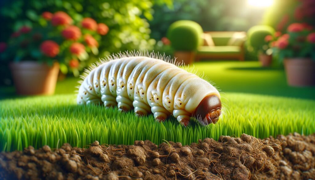 Imagem realista de uma larva da galinha cega em um jardim verde, mostrando seu corpo branco em forma de 'C' e cabeça marrom perto da superfície do solo, destacando o contraste entre o gramado saudável e a potencial ameaça da praga.