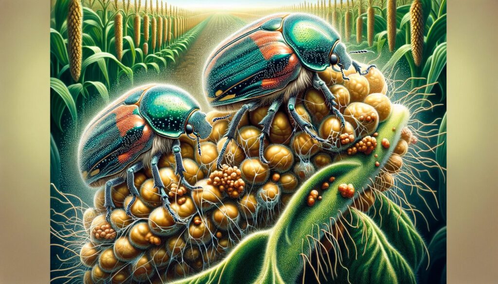 Ilustração detalhada de Beauveria bassiana, um fungo entomopatogênico, infectando besouros em um ambiente agrícola, com esporos aderidos aos exoesqueletos dos besouros, cercados por um ambiente de cultivo saudável.