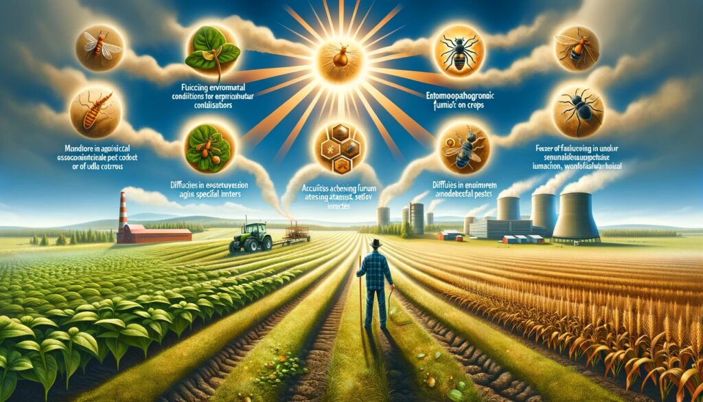 Ilustración conceptual que resalta los desafíos en la aplicación de hongos entomopatógenos para el control de plagas. Muestra a un agricultor en un campo agrícola enfrentando obstáculos como condiciones ambientales fluctuantes, temperaturas extremas, radiación UV, dificultades en la aplicación uniforme de los hongos en los cultivos, y la complejidad de asegurar la efectividad de los hongos contra plagas específicas sin dañar a los insectos beneficiosos. El fondo combina una granja y representaciones simbólicas de estos desafíos.