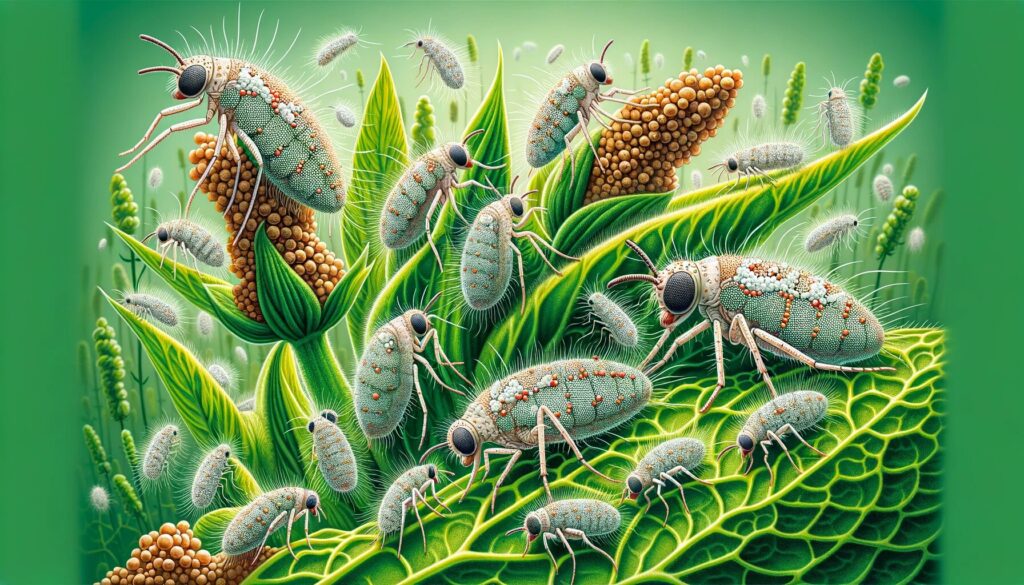 Ilustración detallada de Isaria fumosorosea, un hongo entomopatógeno, infectando moscas blancas en plantas. Las moscas muestran crecimiento fúngico y esporas en sus cuerpos, en un entorno agrícola con plantas saludables al fondo, destacando la efectividad de este método natural de control de plagas.