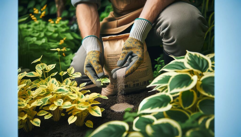 Gardener applying granular fertilizer around yellowing and pale-leaved plants in a garden.