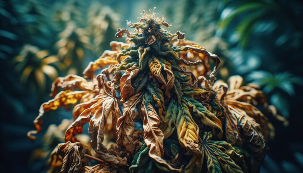 Close-up of a plant with wilted, dry, and yellowing leaves, showing signs of nutrient deficiency and dehydration.