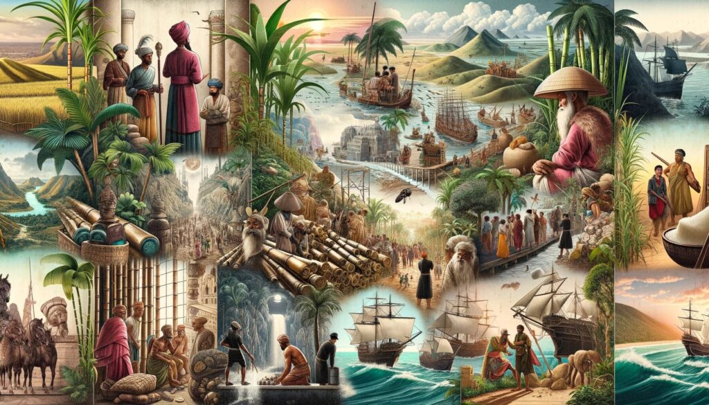 History of Sugarcane, depicting its journey through different cultures and historical periods. The image includes representations of ancient Asia, its introduction to the Middle East along the Silk Road, and its arrival in the New World with European explorers.