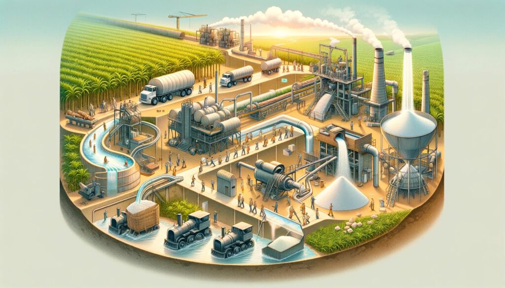 Sugar production process from sugarcane. This image shows different stages, from harvesting to final refining, including industrial and agricultural aspects of the process.