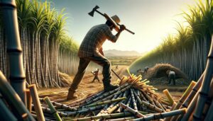 DALL·E 2024 01 23 17.44.05 A realistic depiction of sugarcane harvesting by farmers in Mexico. The image should capture the essence of manual sugarcane cutting in a rural Mexica