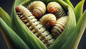 DALL·E 2024 01 26 14.14.05 Highly realistic close up image of three fall armyworms Spodoptera frugiperda hidden in the leaves of a corn cob showing the worms nestled within t
