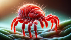 DALL·E 2024 02 02 15.46.29 A realistic close up image of a red spider mite Tetranychus spp showing intricate details of its body including its eight legs two main body segme