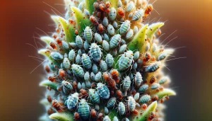 DALL·E 2024 02 08 14.54.16 Create a highly detailed and realistic image of a close up view of an aphid infestation showcasing a dense population of aphids clustered on a plant