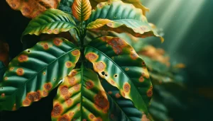 DALL·E 2024 04 16 16.59.56 Close up image of coffee plant leaves with symptoms of coffee rust roya in a 16 9 aspect ratio. The image should show leaves with clear visible