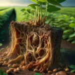 DALL·E 2024 04 22 11.08.46 A highly realistic image depicting the root rot disease Phytophthora sojae in a soybean plant. The focus is on a section of damaged soybean roots par