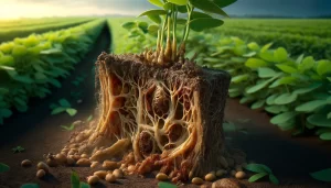 DALL·E 2024 04 22 11.08.46 A highly realistic image depicting the root rot disease Phytophthora sojae in a soybean plant. The focus is on a section of damaged soybean roots par