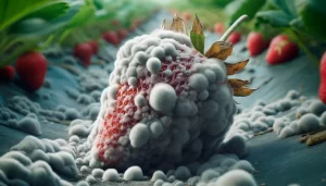 DALL·E 2024 04 22 16.51.50 A highly realistic close up image of Grey Mold Botrytis affecting a strawberry fruit in a field. The focus is on a single strawberry covered in a t