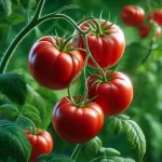 DALL·E 2024 04 22 17.28.33 A highly realistic close up image of a tomato plant with fruits. The focus is on a single tomato plant with several ripe red tomatoes hanging from the