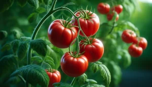 DALL·E 2024 04 22 17.28.33 A highly realistic close up image of a tomato plant with fruits. The focus is on a single tomato plant with several ripe red tomatoes hanging from the