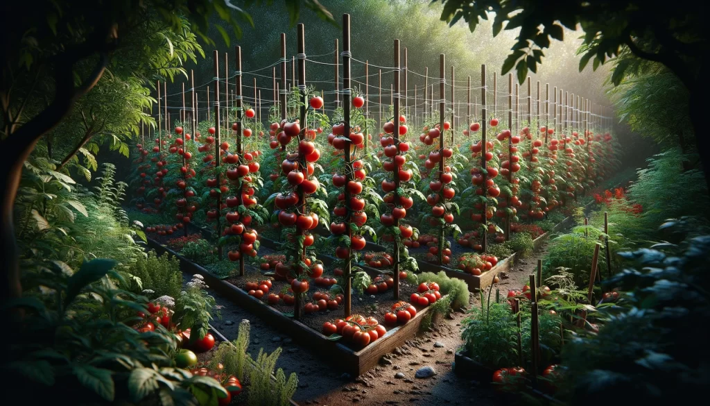 DALL·E 2024 04 22 17.31.01 A highly realistic image of tomato plants in a garden or orchard setting. The scene shows a well organized arrangement of tomato plants with stakes an