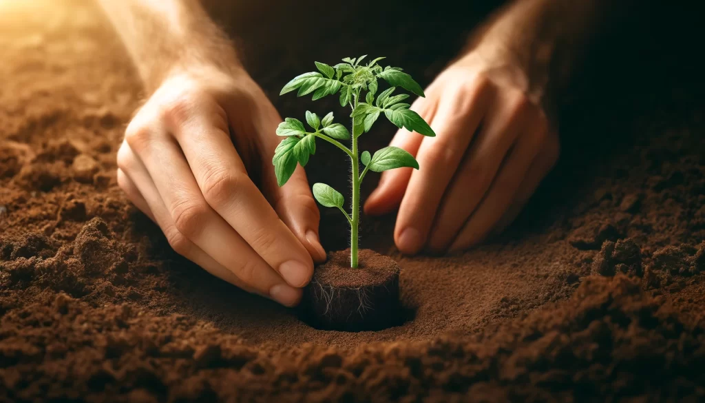 DALL·E 2024 04 22 17.34.06 A highly realistic image of planting tomato seeds or transplanting tomato seedlings. The focus is on hands carefully placing a young tomato plant into