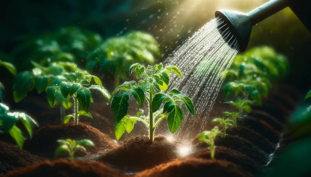 DALL·E 2024 04 22 17.35.24 A highly realistic image of watering newly planted tomato seedlings in a garden. The focus is on a garden hose or a watering can gently sprinkling wat